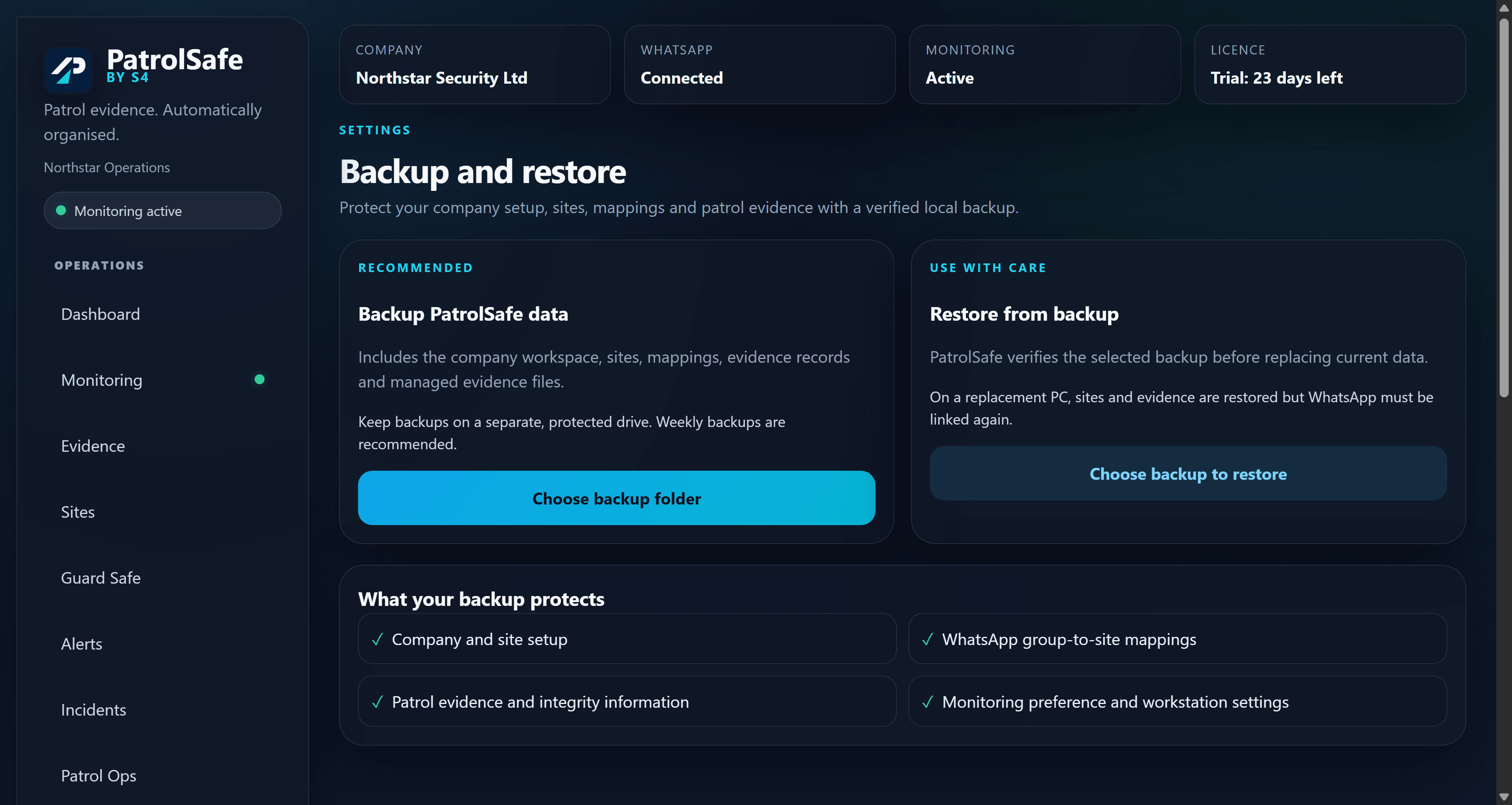 PatrolSafe backup and restore settings for a synthetic workspace.
