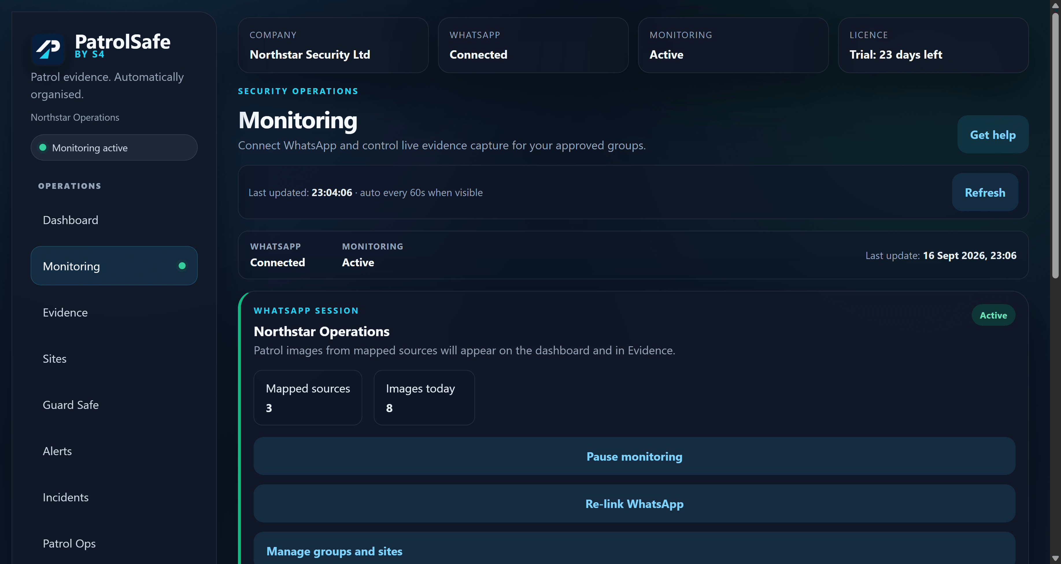 PatrolSafe monitoring screen showing WhatsApp connected and monitoring active.