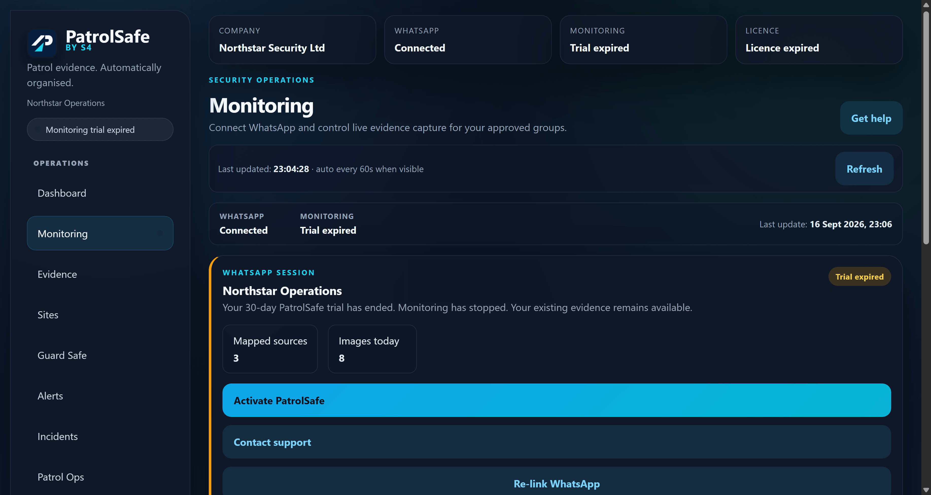 PatrolSafe monitoring screen showing WhatsApp connected and monitoring stopped because the trial has expired.